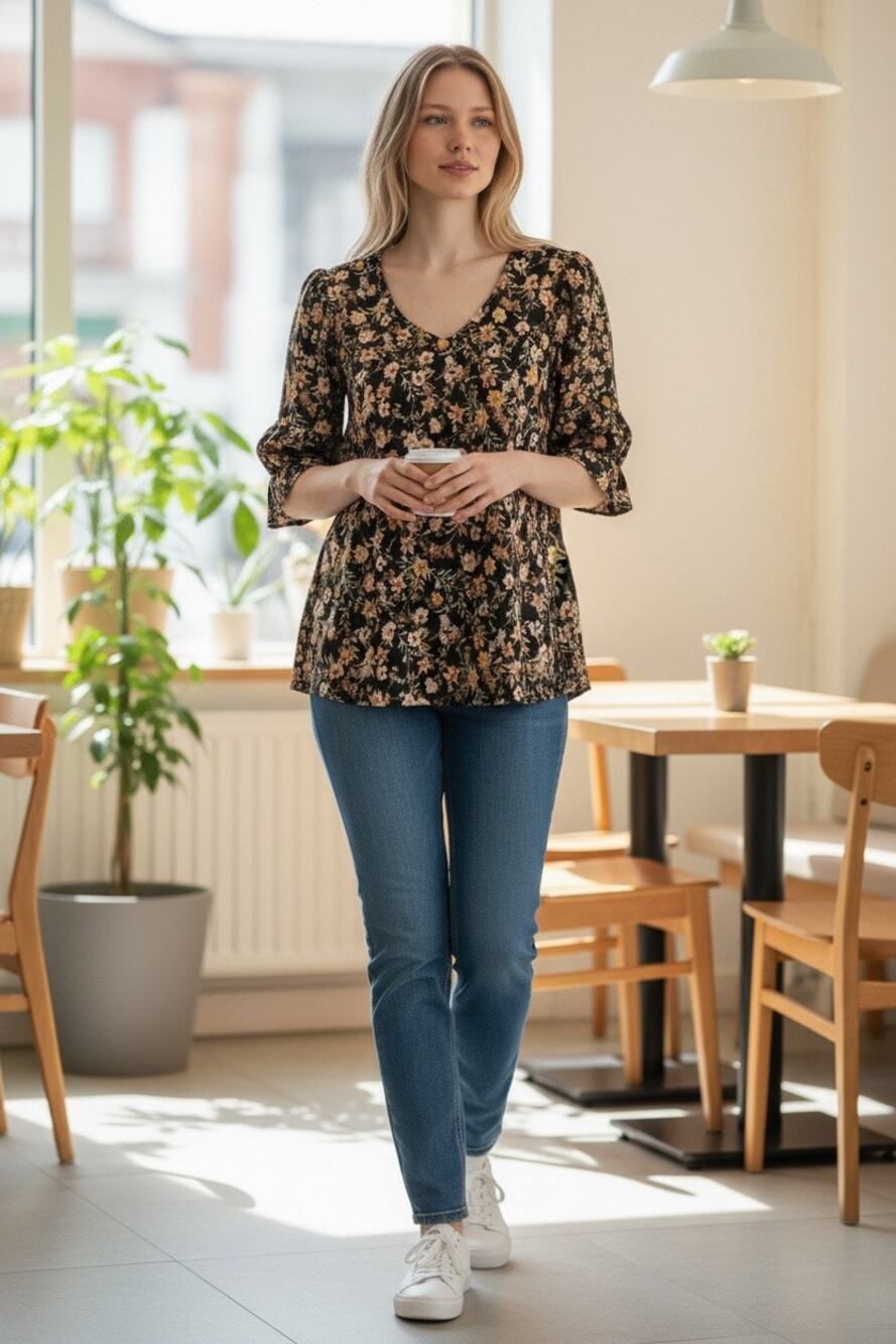 CeCe Womens Large Floral Blouse Navy Blue 3/4 Sleeve Scoop Neck Career Top